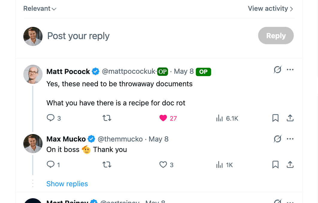 Matt Pocock's reply: 'Yes, these need to be throwaway documents. What you have there is a recipe for doc rot.'