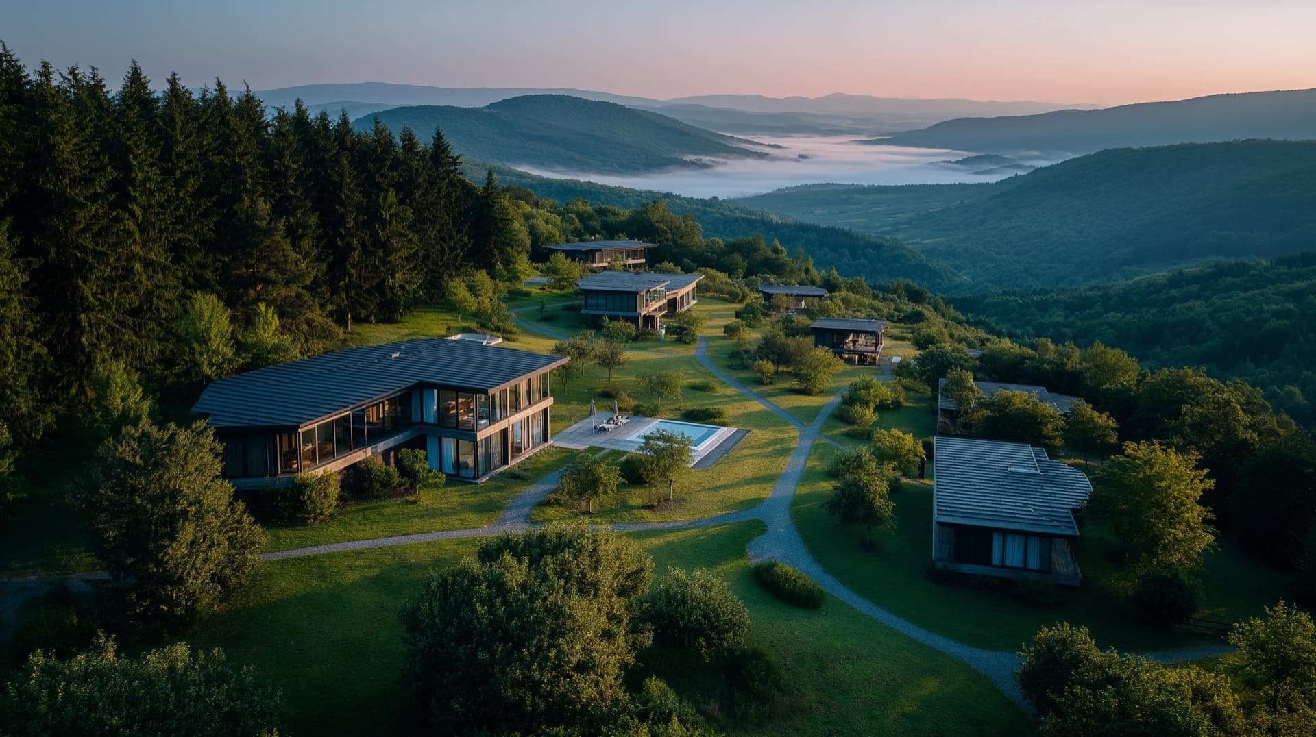 Aerial view of the retreat campus in green hills