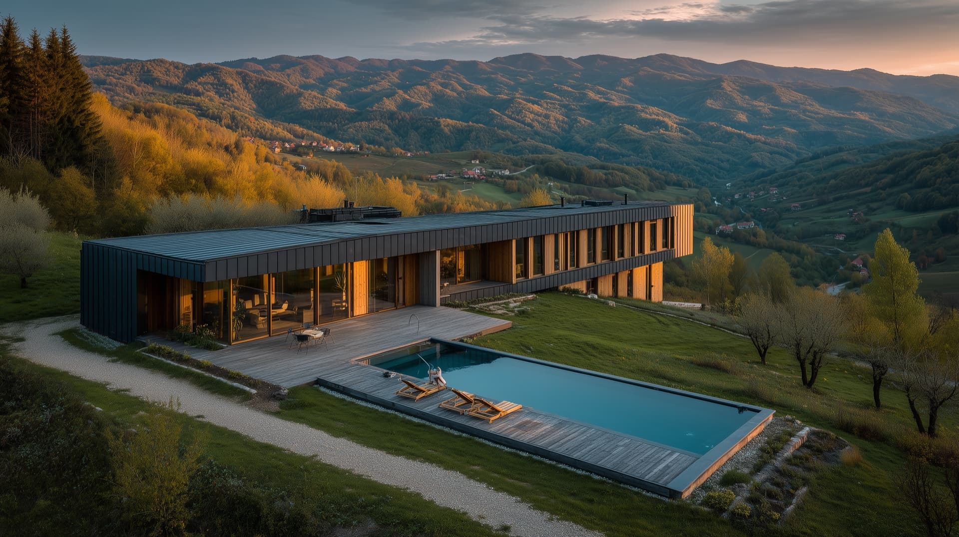 Central building with pool and panoramic views
