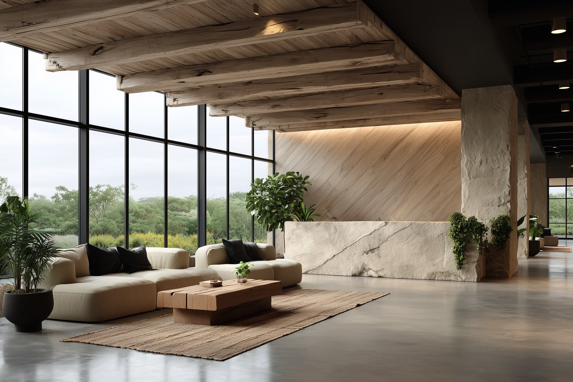 Reception with natural materials and forest views