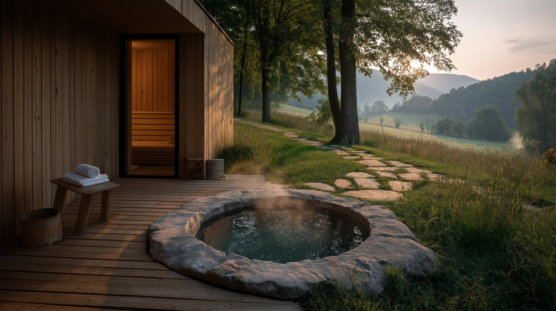 Sauna and stone hot tub at dawn