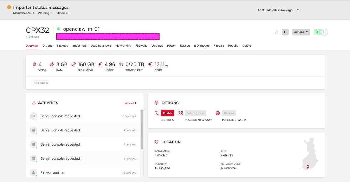 Open Claw server on hetzner.com